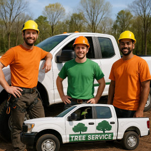 Three tree service workers in safety helmets standing next to a pickup truck with a tree service logo.