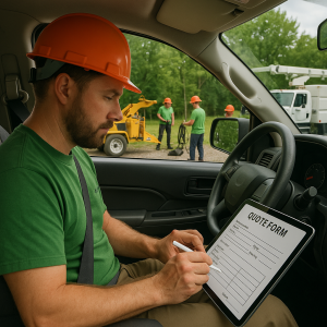 A tree service worker in an orange hard hat writing on a quote form inside a vehicle.