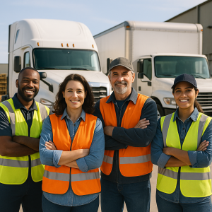 Four trucking professionals wearing safety vests standing in front of trucks in a logistics yard. Four trucking professionals wearing safety vests standing in front of trucks in a logistics yard.