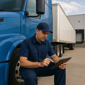 A truck driver in a blue uniform sitting on the ground using a tablet next to a blue truck and a trailer. A truck driver in a blue uniform sitting on the ground using a tablet next to a blue truck and a trailer.