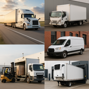 Collage of different types of delivery trucks and vans including a semi-truck, box truck, and cargo van. Collage of different types of delivery trucks and vans including a semi-truck, box truck, and cargo van.