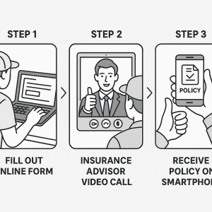 Illustration showing three steps for an online insurance process: filling out a form, a video call with an advisor, and receiving a policy on a smartphone. Illustration showing three steps for an online insurance process: filling out a form, a video call with an advisor, and receiving a policy on a smartphone.
