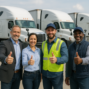 Four trucking professionals giving thumbs up in front of parked trucks in a logistics yard. Four trucking professionals giving thumbs up in front of parked trucks in a logistics yard.