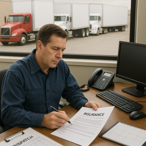 A man sitting at a desk reviewing insurance documents with trucks visible through the window.