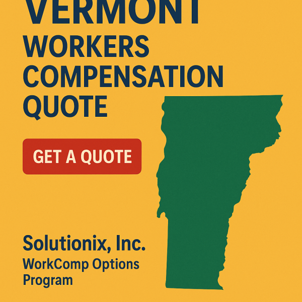 Graphic displaying Vermont state outline with text for workers compensation quote and company name.
