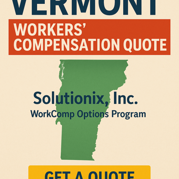 Graphic displaying Vermont workers' compensation quote information with Solutionix, Inc. branding.