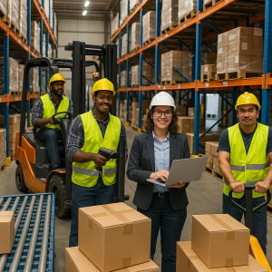 A warehouse team with safety helmets and vests, one using a laptop, alongside a forklift and stacked boxes. A warehouse team with safety helmets and vests, one using a laptop, alongside a forklift and stacked boxes.