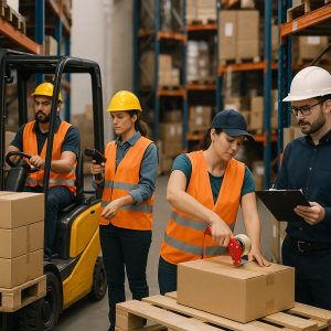 Four warehouse workers in safety vests and helmets engaged in various tasks with boxes and a forklift. Four warehouse workers in safety vests and helmets engaged in various tasks with boxes and a forklift.