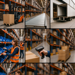 Collage of warehouse distribution activities including forklifts, shelving, and scanning items. Collage of warehouse distribution activities including forklifts, shelving, and scanning items.