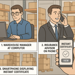 Illustration showing a warehouse manager at a computer and an insurance advisor on the phone with a smartphone displaying an instant certificate. Illustration showing a warehouse manager at a computer and an insurance advisor on the phone with a smartphone displaying an instant certificate.