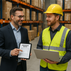Two warehouse workers discussing an insurance quote with a tablet and laptop in hand. Two warehouse workers discussing an insurance quote with a tablet and laptop in hand.