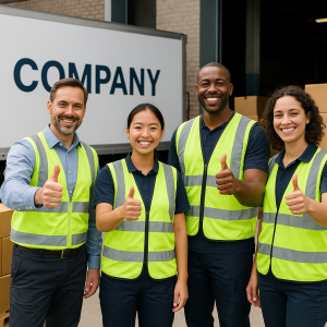 Four warehouse workers wearing safety vests and smiling while giving thumbs up in front of a company truck. Four warehouse workers wearing safety vests and smiling while giving thumbs up in front of a company truck.