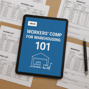 eBook cover titled 'Workers' Comp for Warehousing 101' displayed on a tablet surrounded by printed documents. eBook cover titled 'Workers' Comp for Warehousing 101' displayed on a tablet surrounded by printed documents.