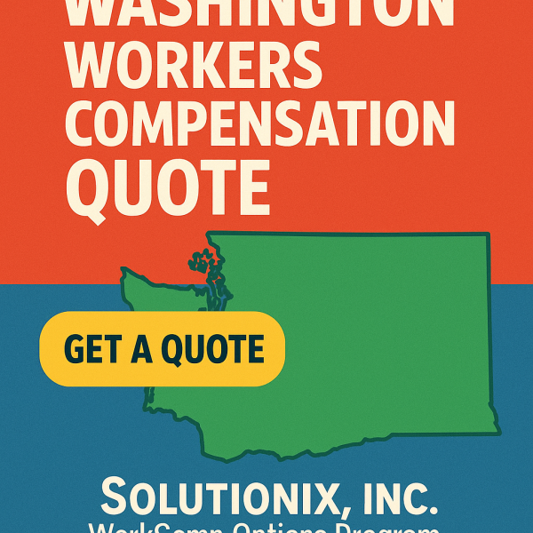 Graphic featuring the state of Washington with text about workers compensation insurance and a quote request.