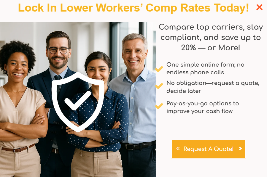 Four professionals smiling together with a shield icon overlay representing security or protection.