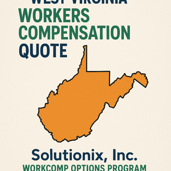 Graphic featuring the outline of West Virginia in orange with text about workers compensation quote.