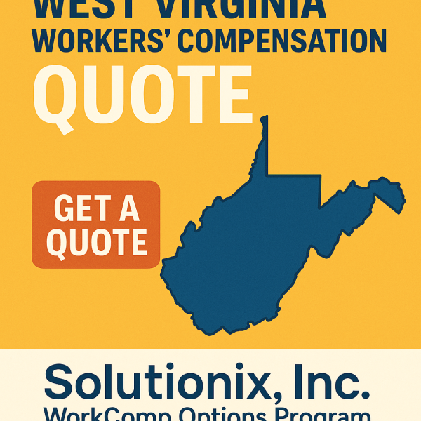 Graphic featuring the state of West Virginia with a workers' compensation quote request prompt.