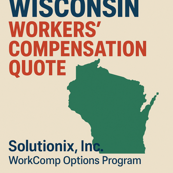 Graphic design featuring the state of Wisconsin and text about workers' compensation insurance quote.