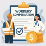 Illustration of a construction worker with a bandaged arm and a doctor next to a workers' compensation document and coins.