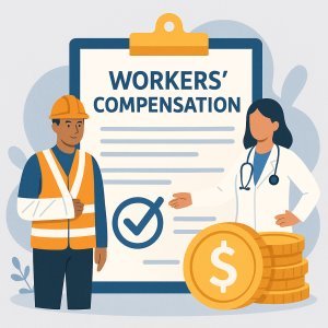Illustration of a construction worker with a bandaged arm and a doctor next to a workers' compensation document and coins.
