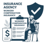 Illustration of a worker with a leg cast sitting next to a clipboard and insurance agency branding.