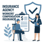 Illustration of a woman presenting a document to a man with a leg injury sitting on a chair.