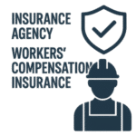 Graphic depicting an insurance agency and a worker in a hard hat with a checkmark symbol.