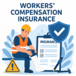 Illustration of a worker with a bandaged leg sitting next to a clipboard labeled 'Insurance'.