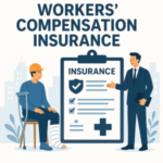 Illustration of a man with a leg injury sitting next to a clipboard labeled 'Workers' Compensation Insurance'.