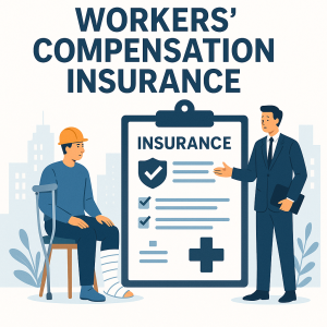 Illustration of a man with a leg injury sitting next to a clipboard labeled 'Workers' Compensation Insurance'.