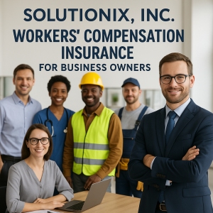 Group of six professionals representing workers' compensation insurance, including a man in a suit and others in various work attire.
