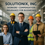 Group of five professionals, including two in safety helmets and three in business attire, posing together in an industrial setting.