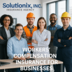 Group of six professionals in work attire, including hard hats and lab coats, posing together in an office setting.