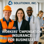 Three professionals representing workers' compensation insurance at Solutionix, Inc., including a construction worker, a businesswoman, and a doctor.