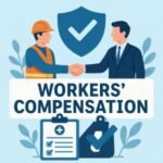 Illustration of two individuals shaking hands with a shield and checkmark symbol above them, representing workers' compensation.