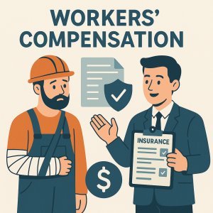 Illustration depicting workers' compensation with a businessman and an injured worker in a hard hat.