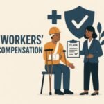 Illustration of a worker with an arm injury discussing a claim with a professional in an office setting.