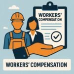 Illustration of a construction worker and a businesswoman with a workers' compensation document and a checkmark.