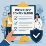 Illustration of a workers' compensation document with a checklist, a doctor, and an injured worker. Illustration of a workers' compensation document with a checklist, a doctor, and an injured worker.