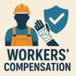 Illustration of a worker with a hard hat and a hand with a bandage next to a shield symbol.