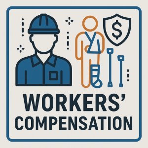 Graphic illustrating workers' compensation with icons of a worker, injury, and financial protection.