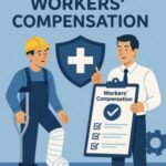Illustration of a worker with a leg cast discussing workers' compensation with a professional holding a clipboard.
