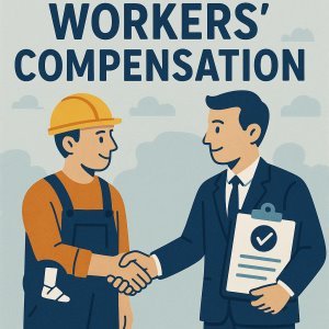Illustration of a construction worker and a businessman shaking hands under the title 'Workers' Compensation'.