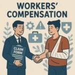 Illustration of two men shaking hands, one holding a claim form and the other with a bandaged arm.