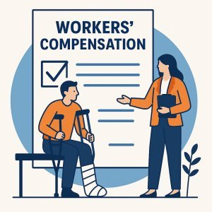 Illustration of a man with a leg cast sitting on a bench discussing workers' compensation with a woman.