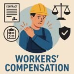 Illustration of a worker with a shoulder injury, surrounded by symbols of workers' compensation.