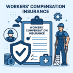 Illustration of workers' compensation insurance with a clipboard, shield, and construction worker.