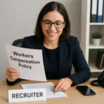 A recruiter reading a document titled 'Workers Compensation Policy' while seated at a desk.