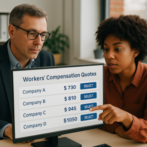 Two individuals reviewing workers' compensation quotes on a computer screen with pricing details. Two individuals reviewing workers' compensation quotes on a computer screen with pricing details.