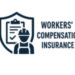 Graphic depicting a worker in a hard hat with a clipboard and shield labeled 'Workers' Compensation Insurance'.